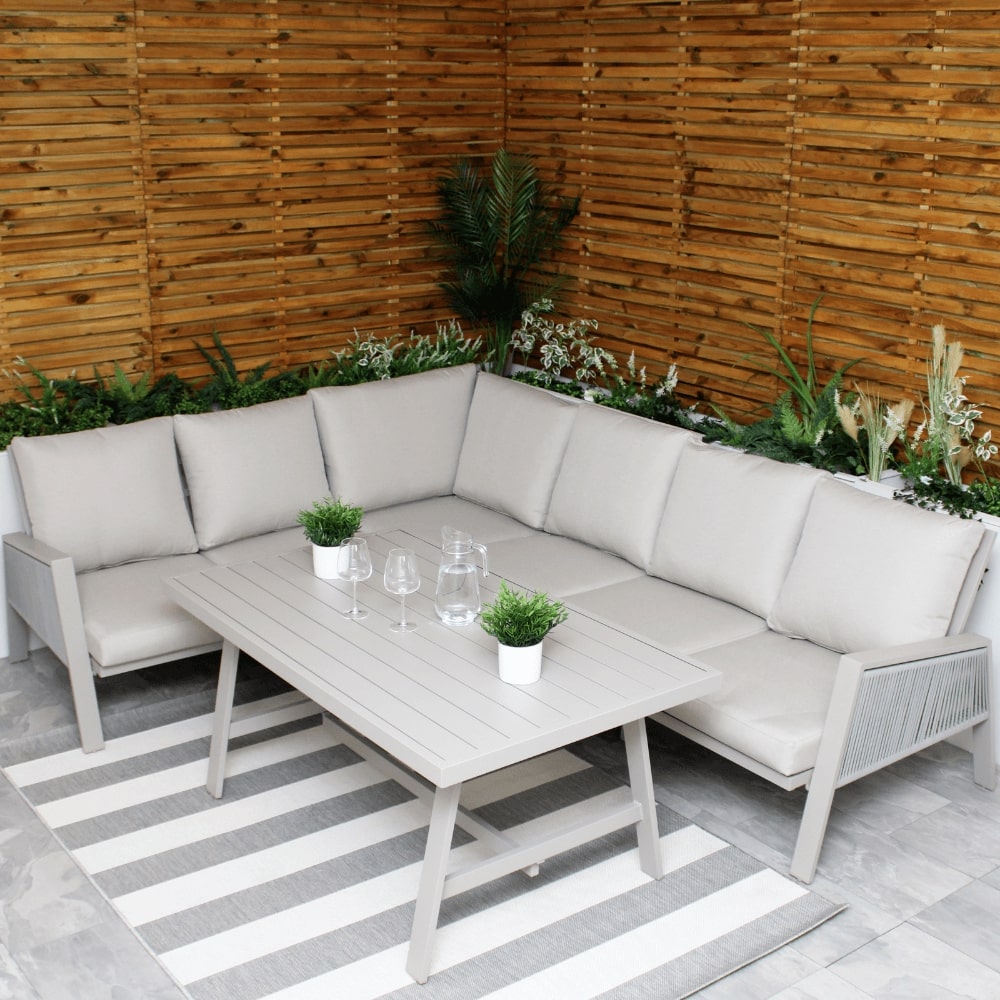 Sicily Light Grey Aluminium 6 Seater Garden Corner Sofa Dining Set