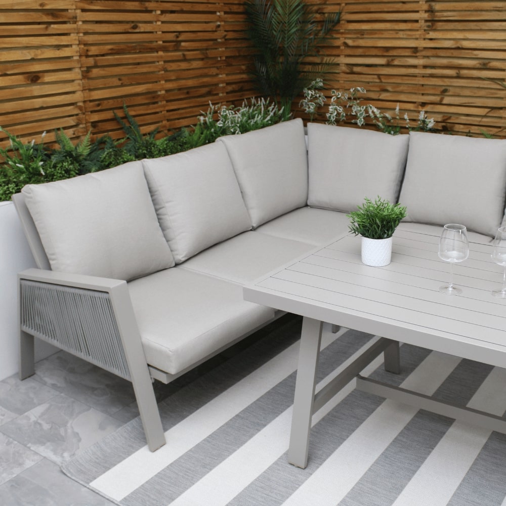 Sicily Light Grey Aluminium 6 Seater Garden Corner Sofa Dining Set
