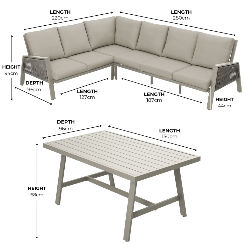 Sicily Light Grey Aluminium 6 Seater Garden Corner Sofa Dining Set