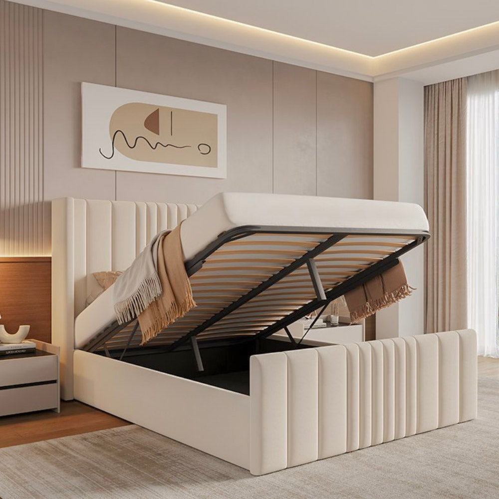Mika Cream Velvet Ottoman Storage Bed