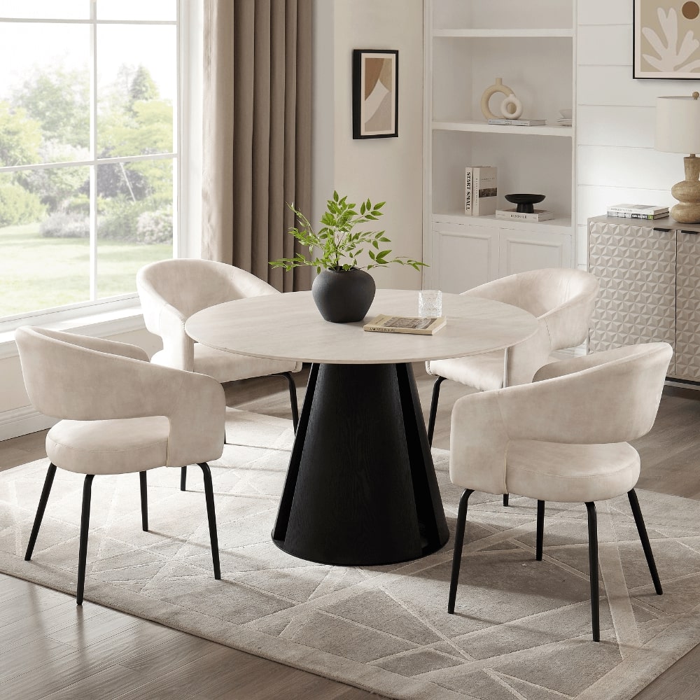 Maya Round Light Cream Ceramic Dining Set With 4 Jasmine Chairs