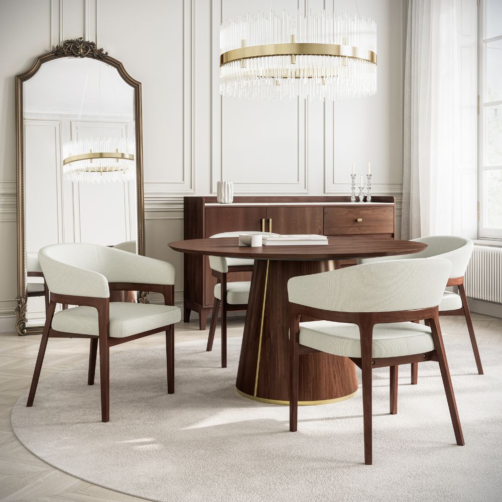 Kenso Walnut Wood Ivory Linen Dining Chair