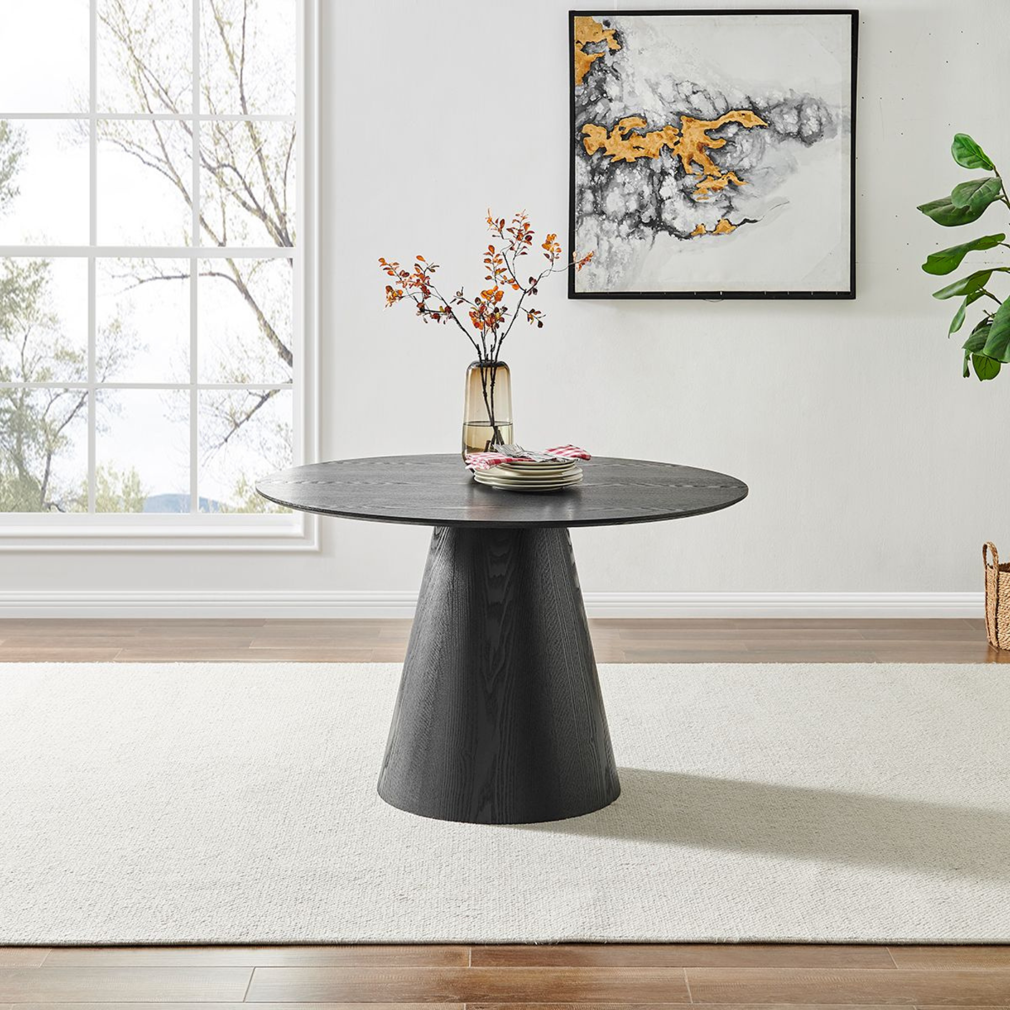 Casa Round Black Wooden Dining Set with 4 Cream Linen Dining Chairs