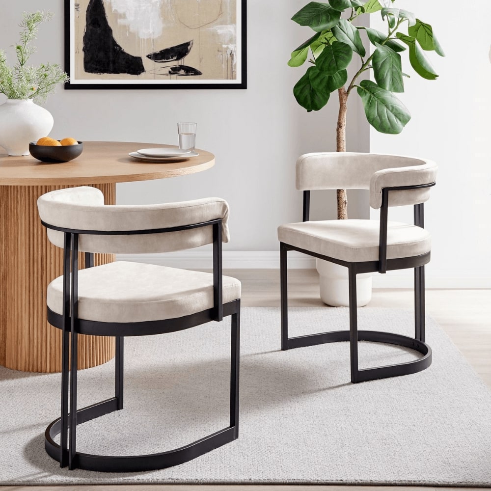 Maya Round Light Cream Ceramic Dining Set With 4 Mia Cream Chairs