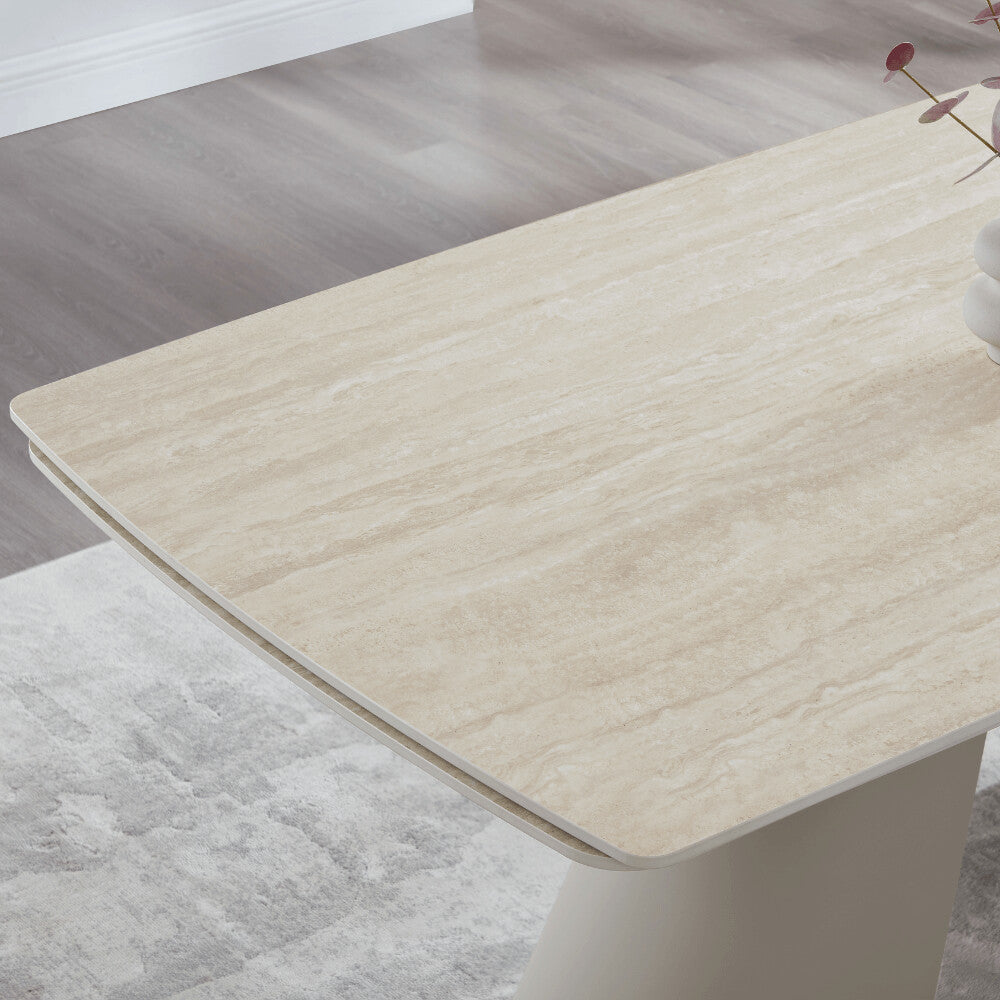 Petra Cream Travertine Ceramic Dining Set With 4 Camilla Chairs