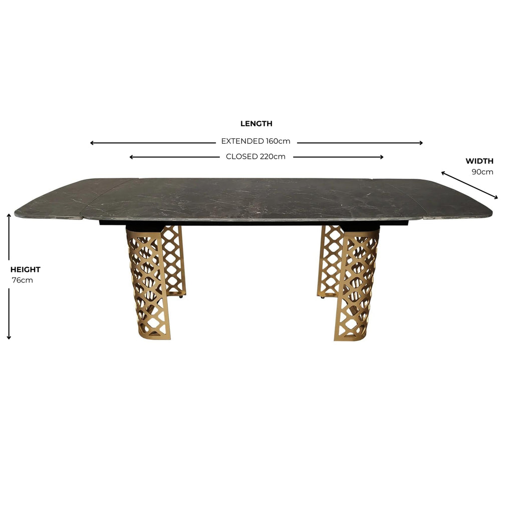 Black Ceramic Extending Dining Table Marble Effect Gold Base