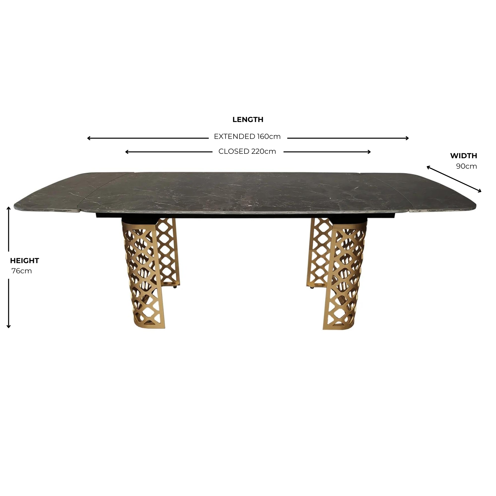 Black Ceramic Extending Dining Table Marble Effect Gold Base