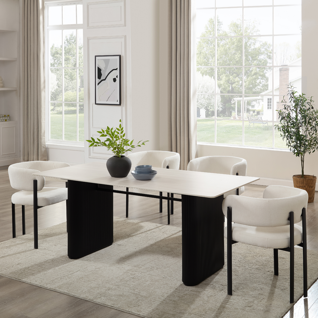 Siena White Ceramic Dining Table with Black Ribbed Base