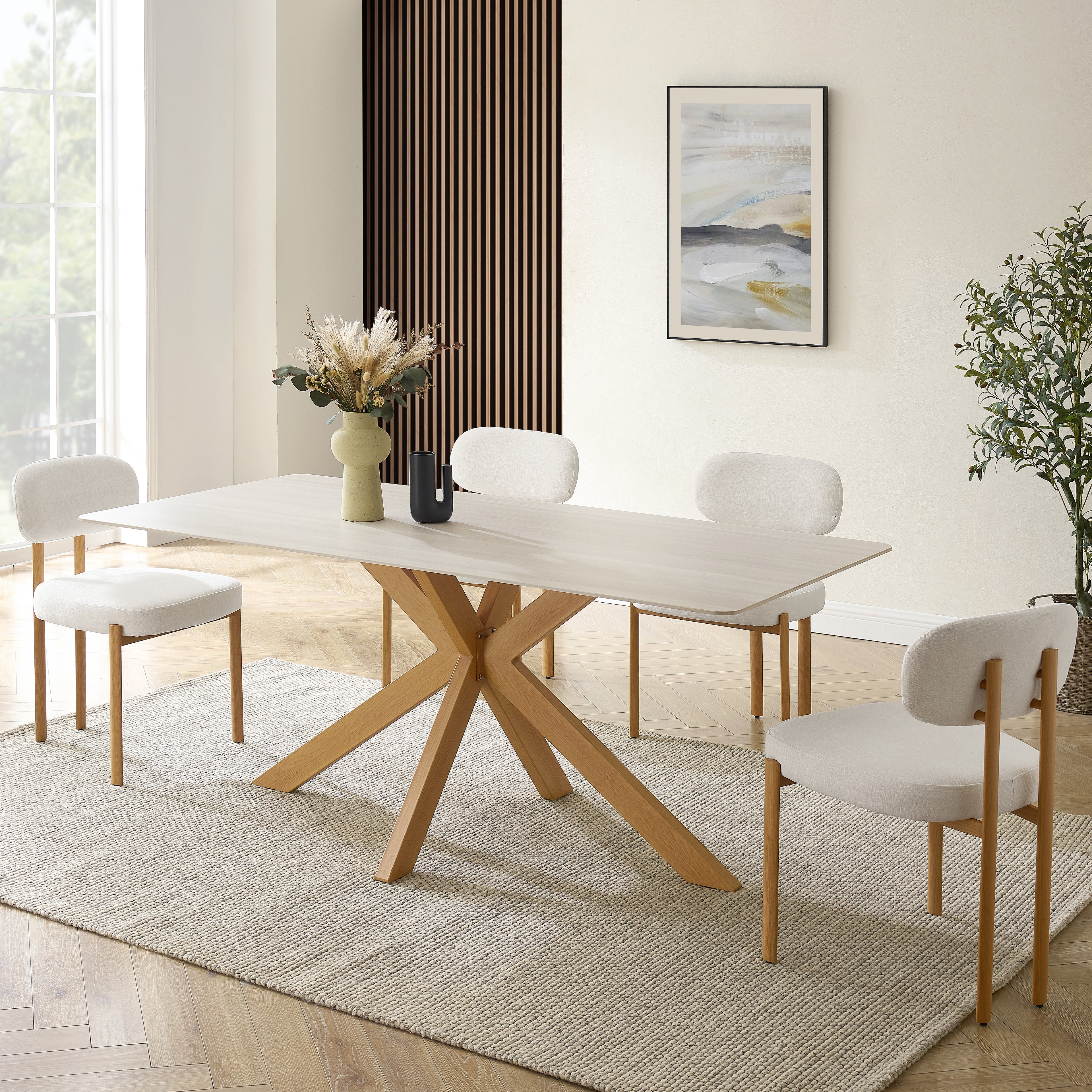 Athens White Ceramic Dining Table with Natural Wood Effect Base