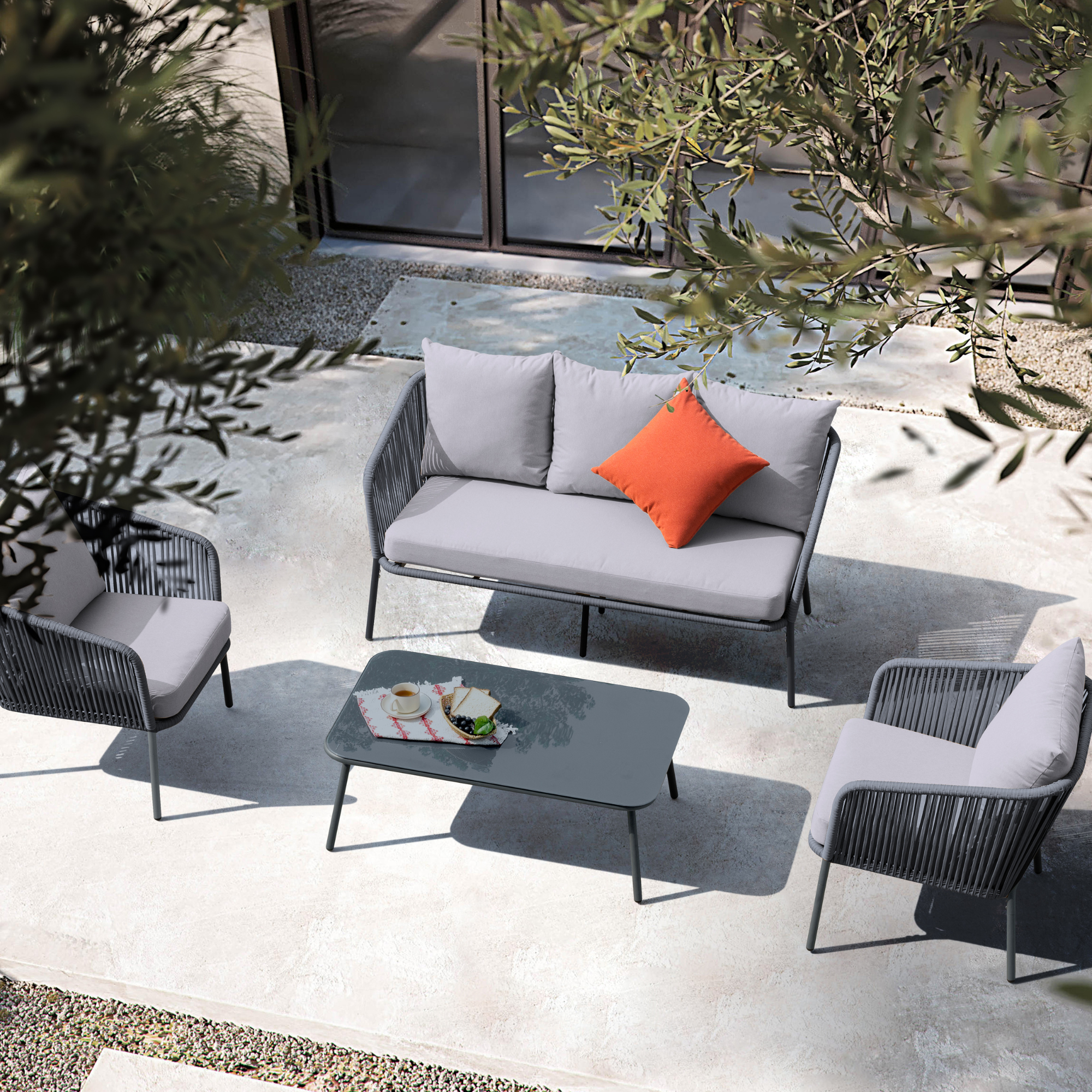Turin Grey 5 Seater Weave Rope Aluminium Garden Sofa and Coffee Table Set