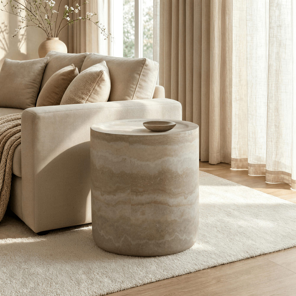 Hermes Round Side Table Travertine Effect