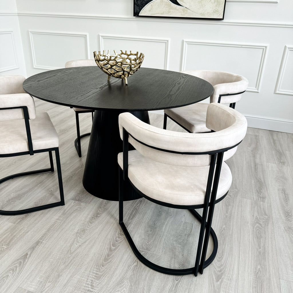 Casa Black Round Wooden Dining Table with Wooden Base and 4 Cream Curved Velvet Dining Chair Set