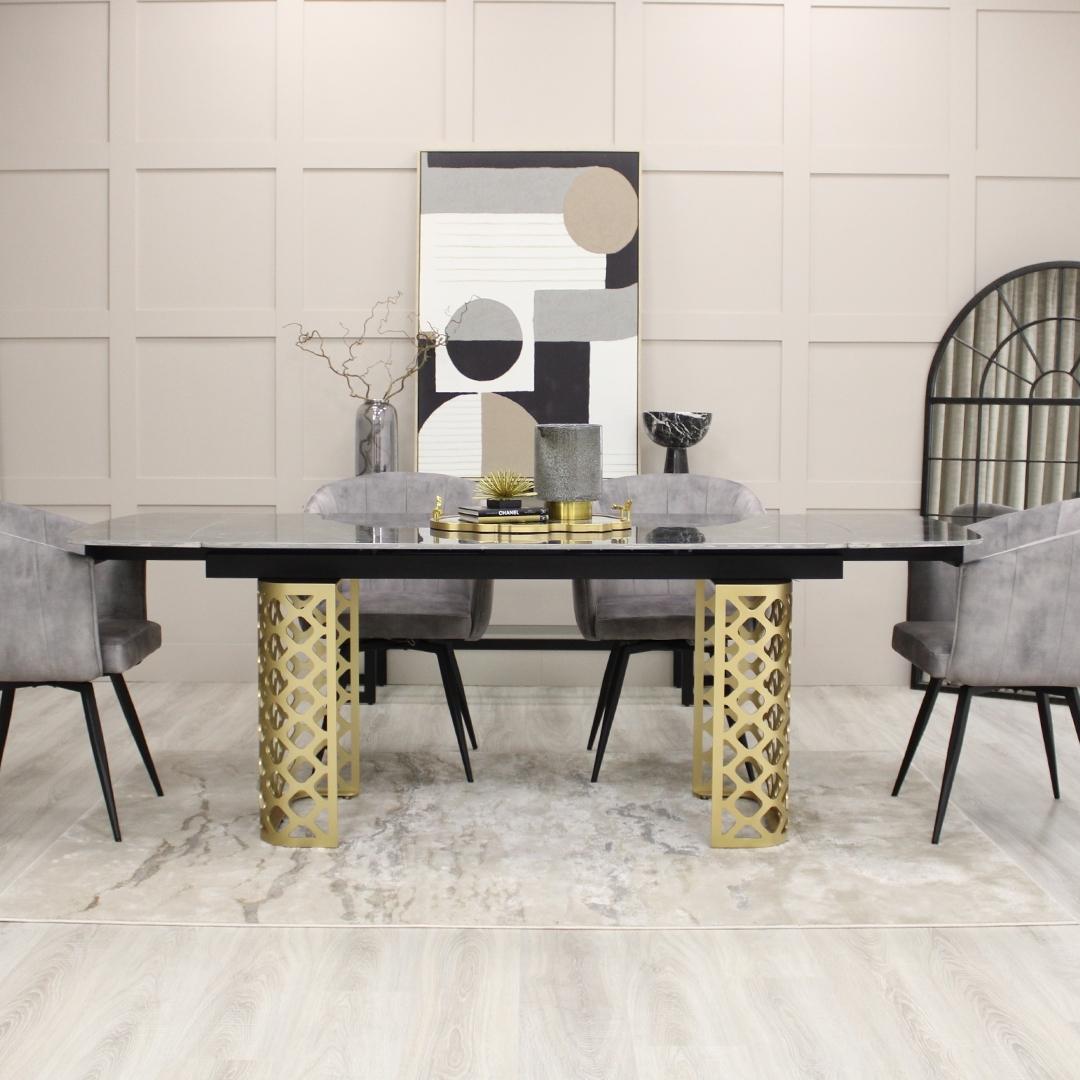 Black Ceramic Extending Dining Table Marble Effect Gold Base