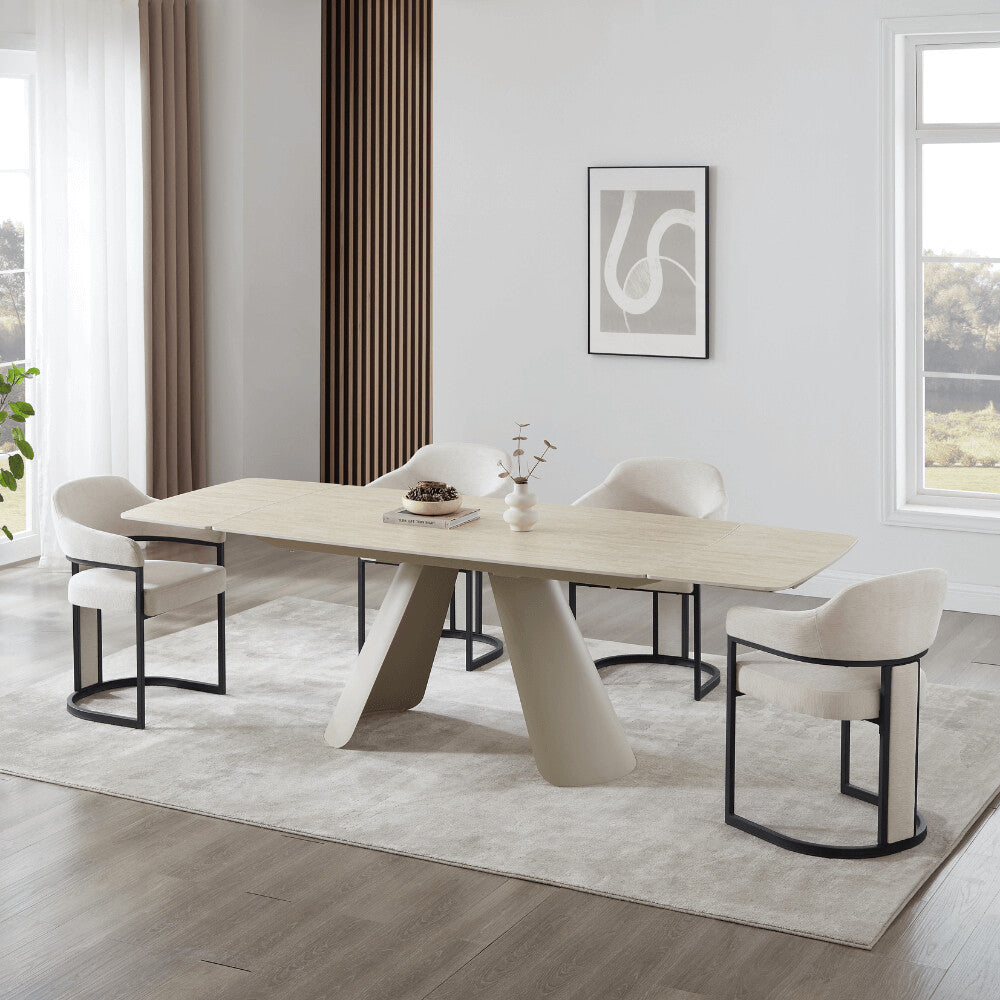 Petra Cream Ceramic Travertine Extending Dining Table With Beige Base