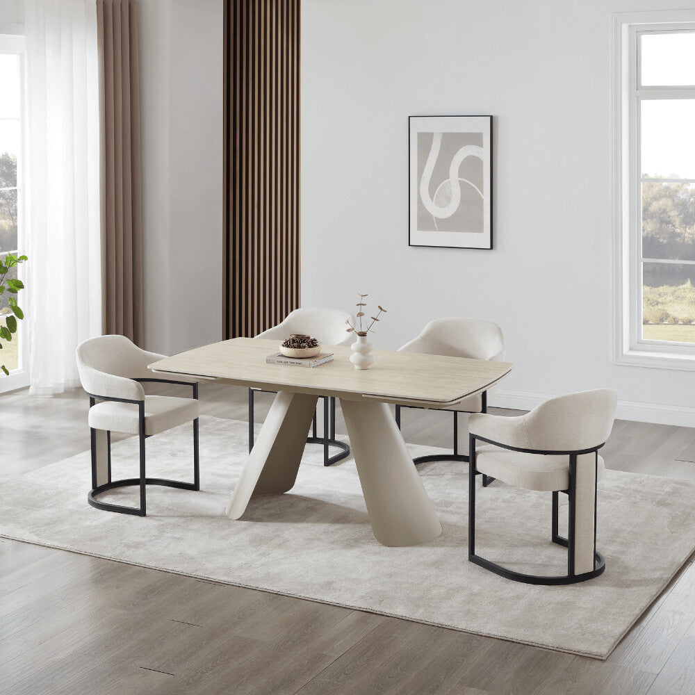 Petra Cream Ceramic Travertine Extending Dining Table With Beige Base