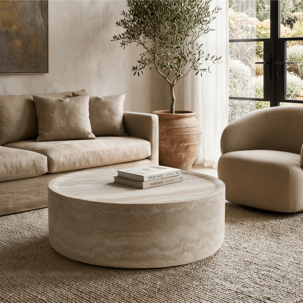 Hermes Round Coffee Table Travertine Effect