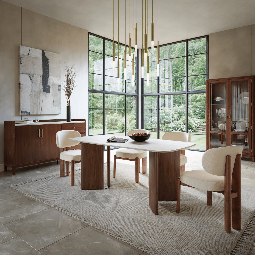 Viera Walnut Wood and Cream Travertine Ceramic Dining Table