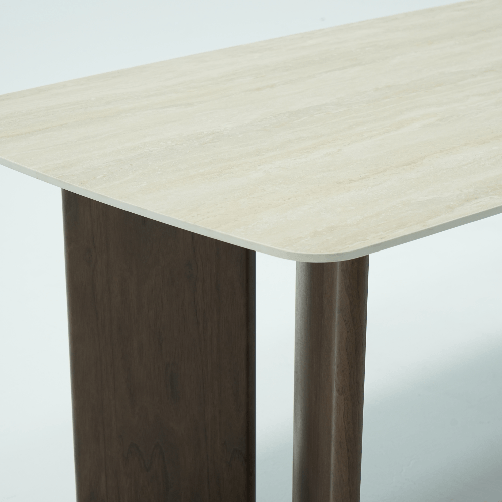 Viera Walnut Wood and Cream Travertine Ceramic Dining Table