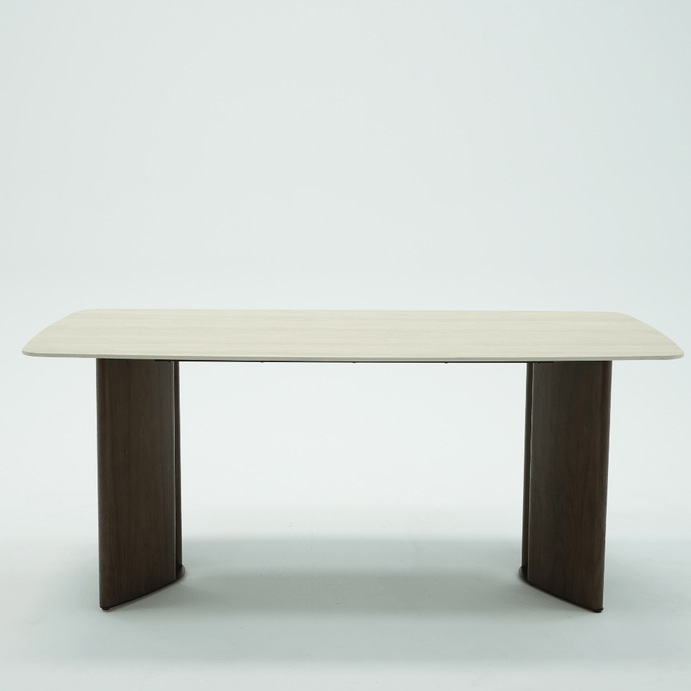 Viera Walnut Wood and Cream Travertine Ceramic Dining Table