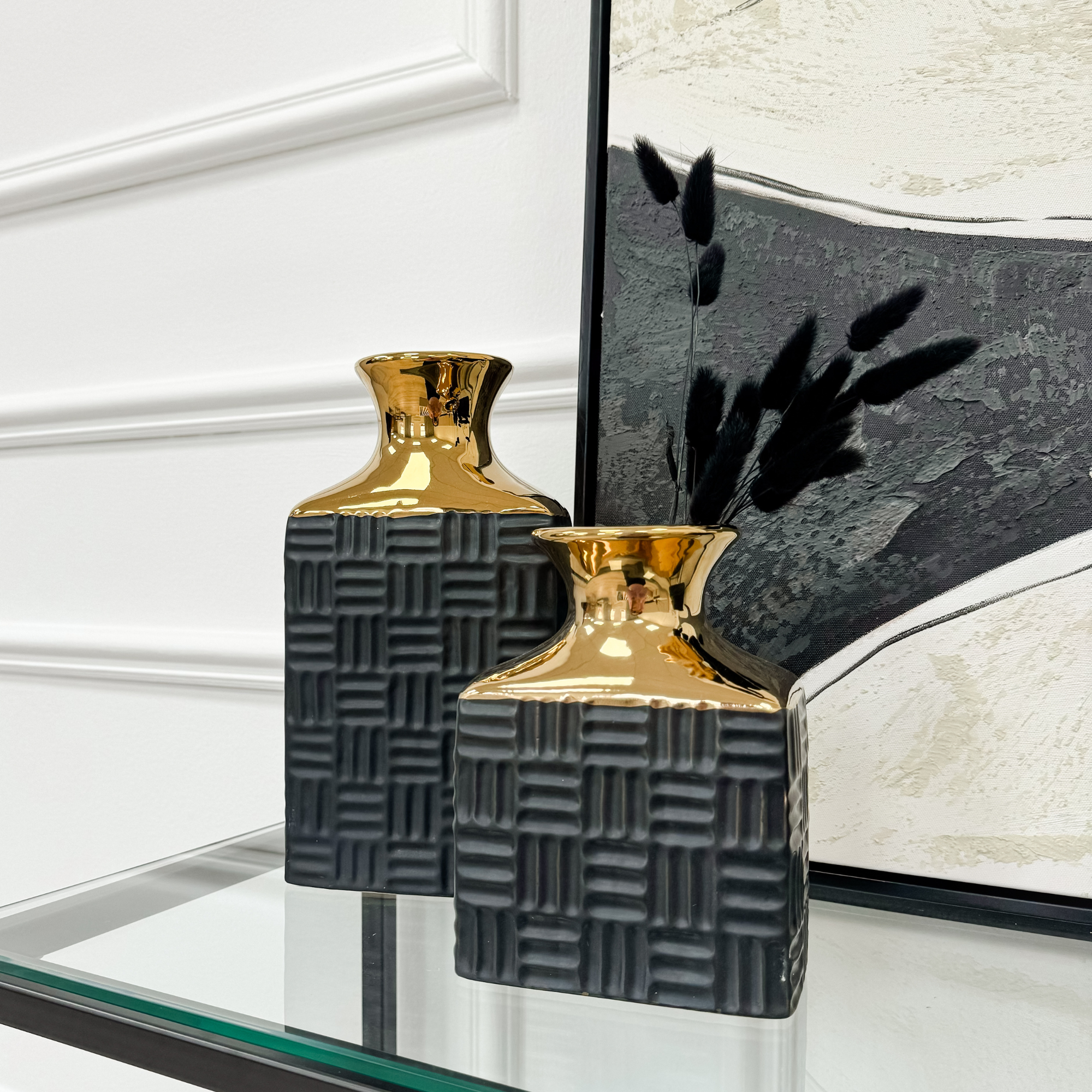 Small Rectangular Black and Gold Textured Vase