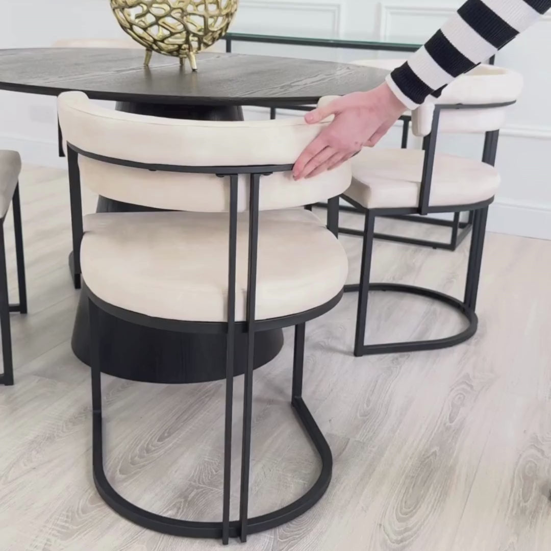 Casa Black Round Wooden Dining Table with Wooden Base and 4 Cream Curved Velvet Dining Chair Set