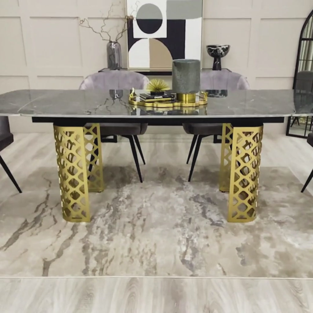 Black Ceramic Extending Dining Table Marble Effect Gold Base