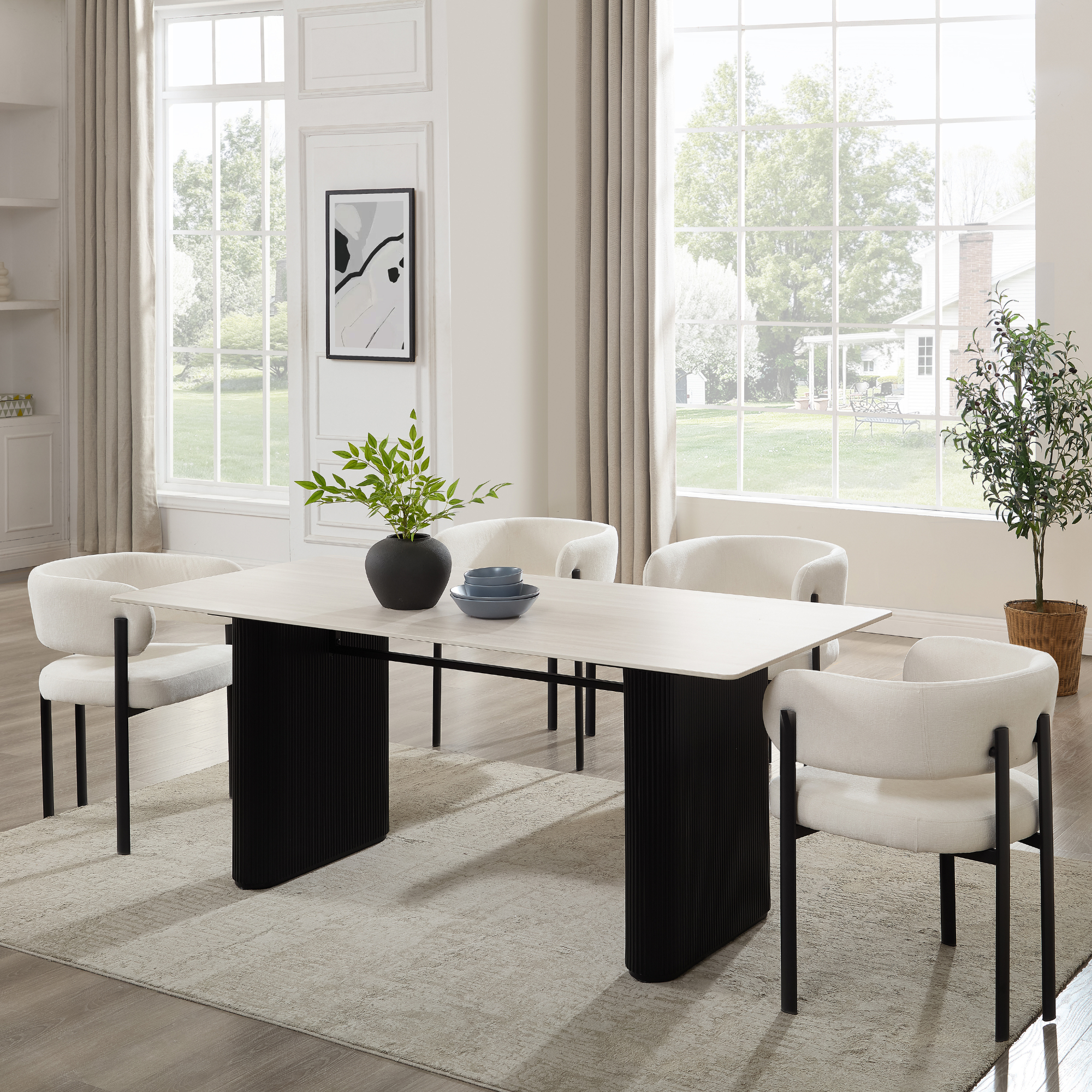 Elle Curved Ivory Linen Dining Chair