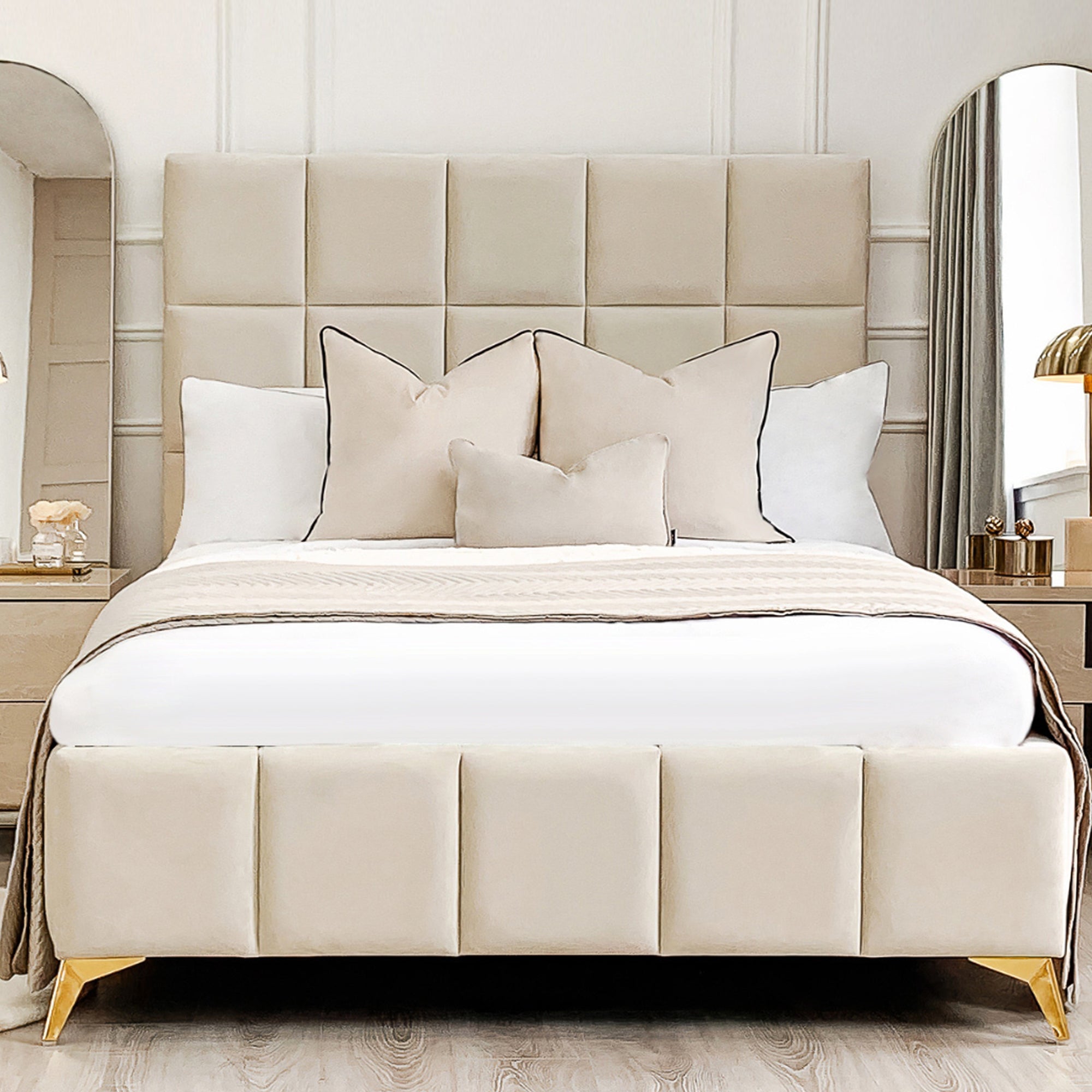 Imogen Velvet Cream Padded Ottoman Storage Bed With Gold Legs