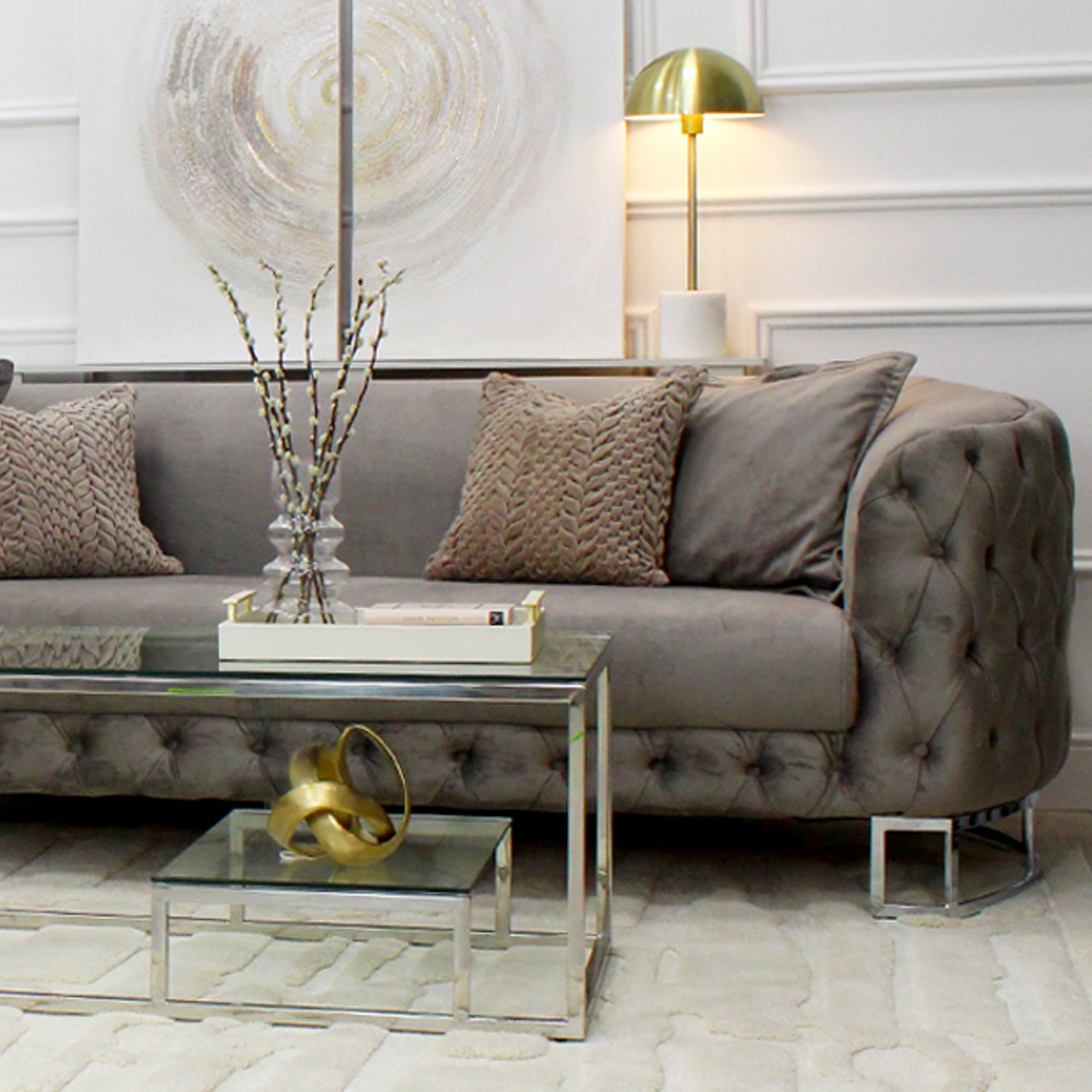 Louise Mink Truffle Velvet Curved Sofa with Silver Legs 3 seater