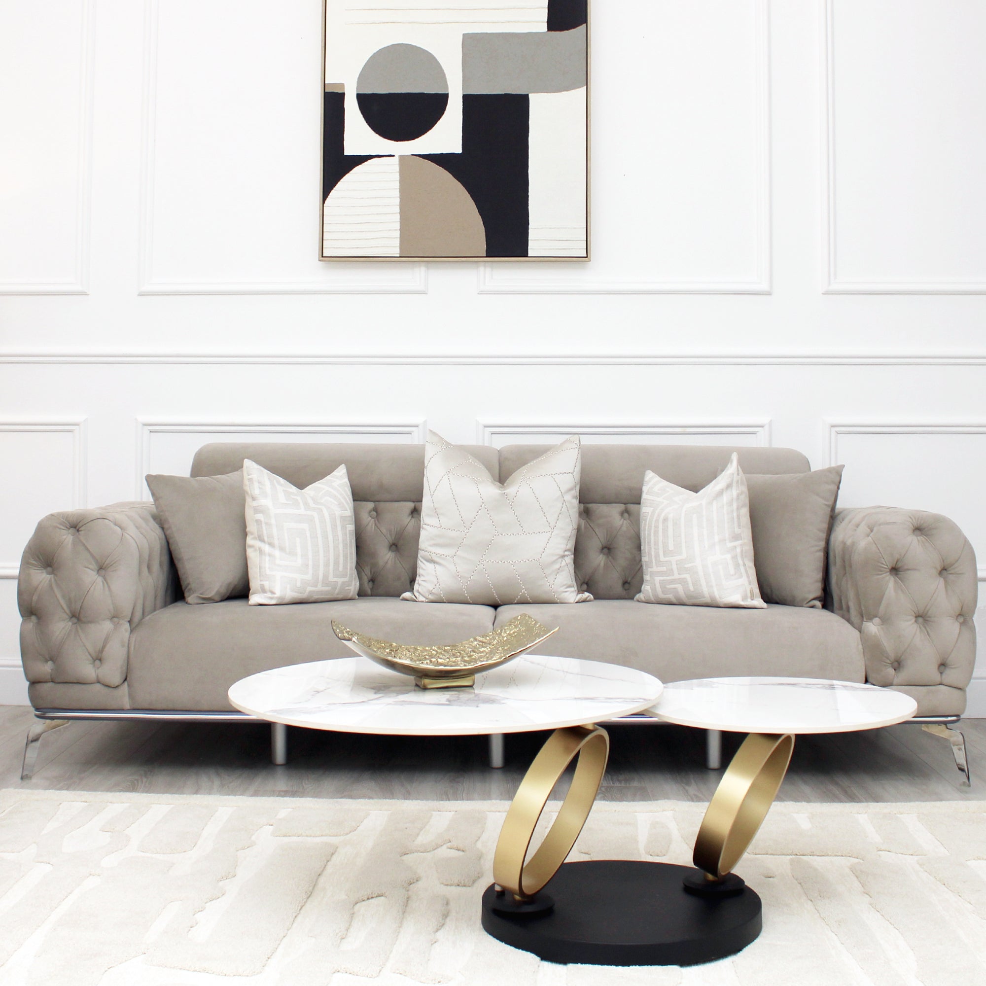 Yasmin Buttoned Light Grey Velvet 2 Seater Sofa With Silver Legs